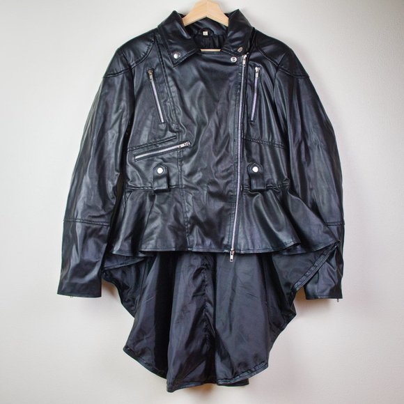 Abbraci Black Faux Leather Women's Moto Jacket with Peplum Size L - Picture 6 of 16